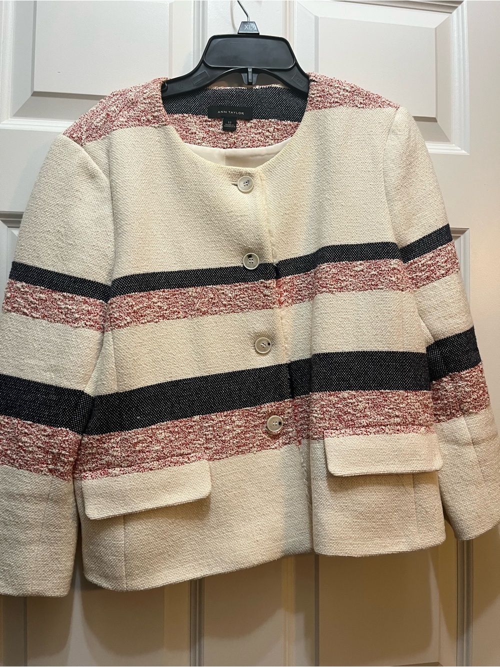Ann Taylor Cream Bouclé Blazer with Navy and Rose Stripes